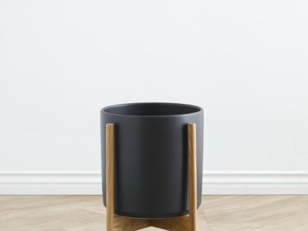 Ceramic Planter Pot + Teak Stand by LBE Design Supply